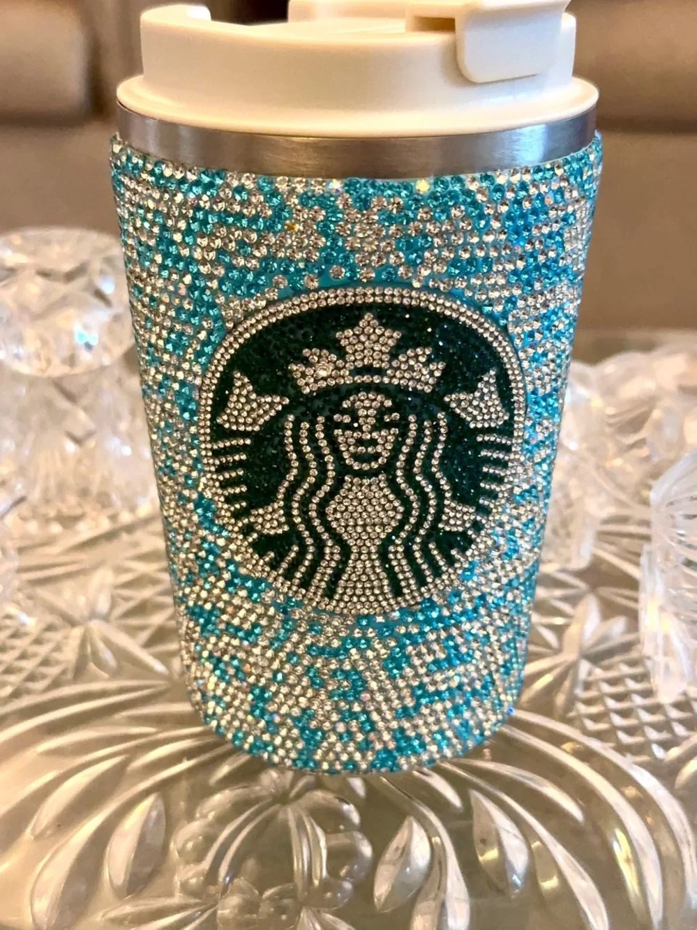 BeautTurquoise& Silver Rhinestone Bling Blue White TemperatureCheck Tumbler